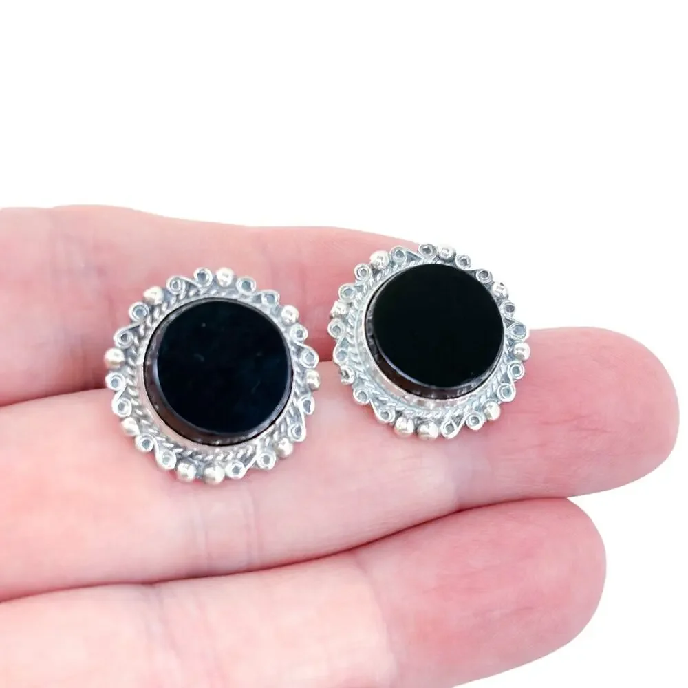 Vintage Mexico Sterling Silver 925 Onyx Clip-On Earrings